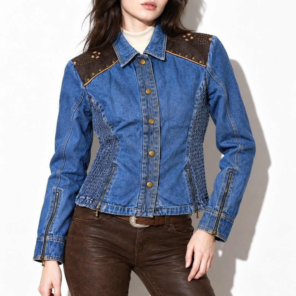90s Vintage Tooled Leather Smocked Jacket Womens 12 Denim Western Zip Front Boho